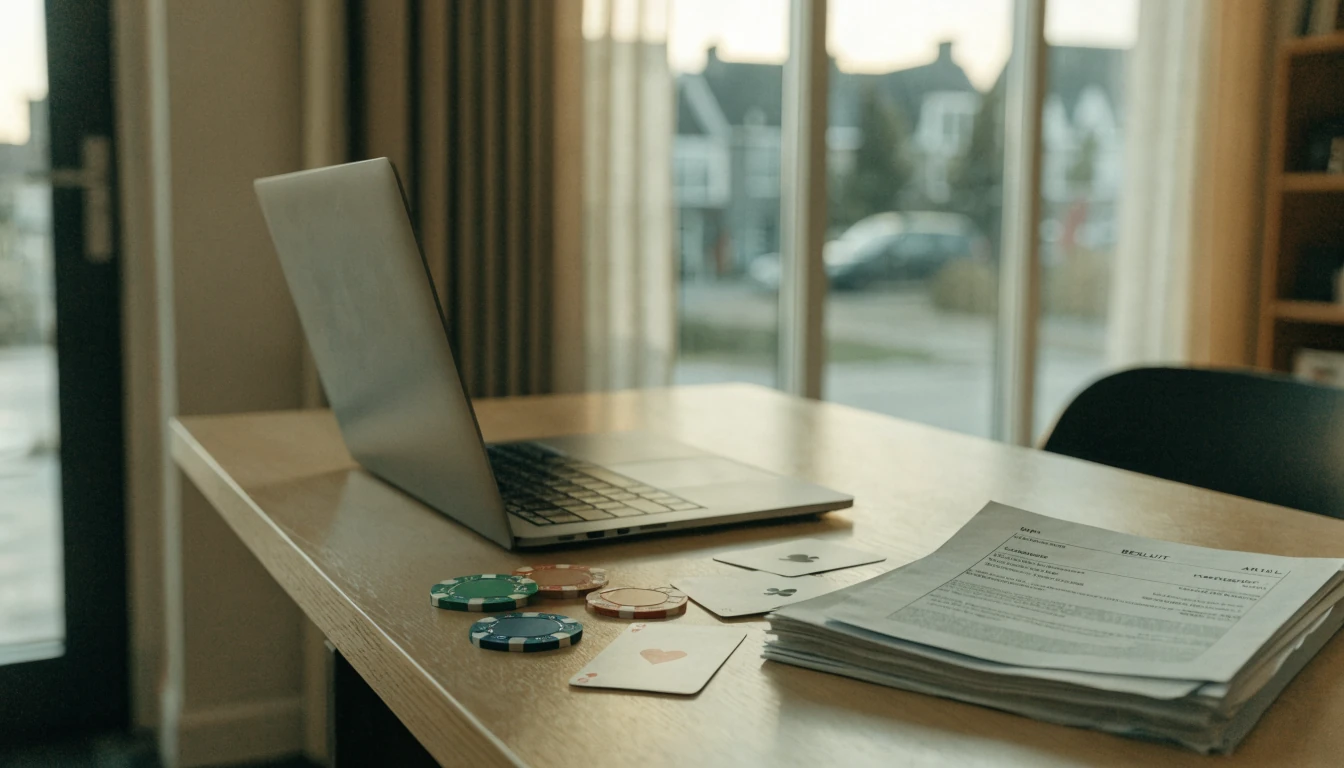 Modern kantoor met laptop, juridische documenten en casinofiches, zacht licht.