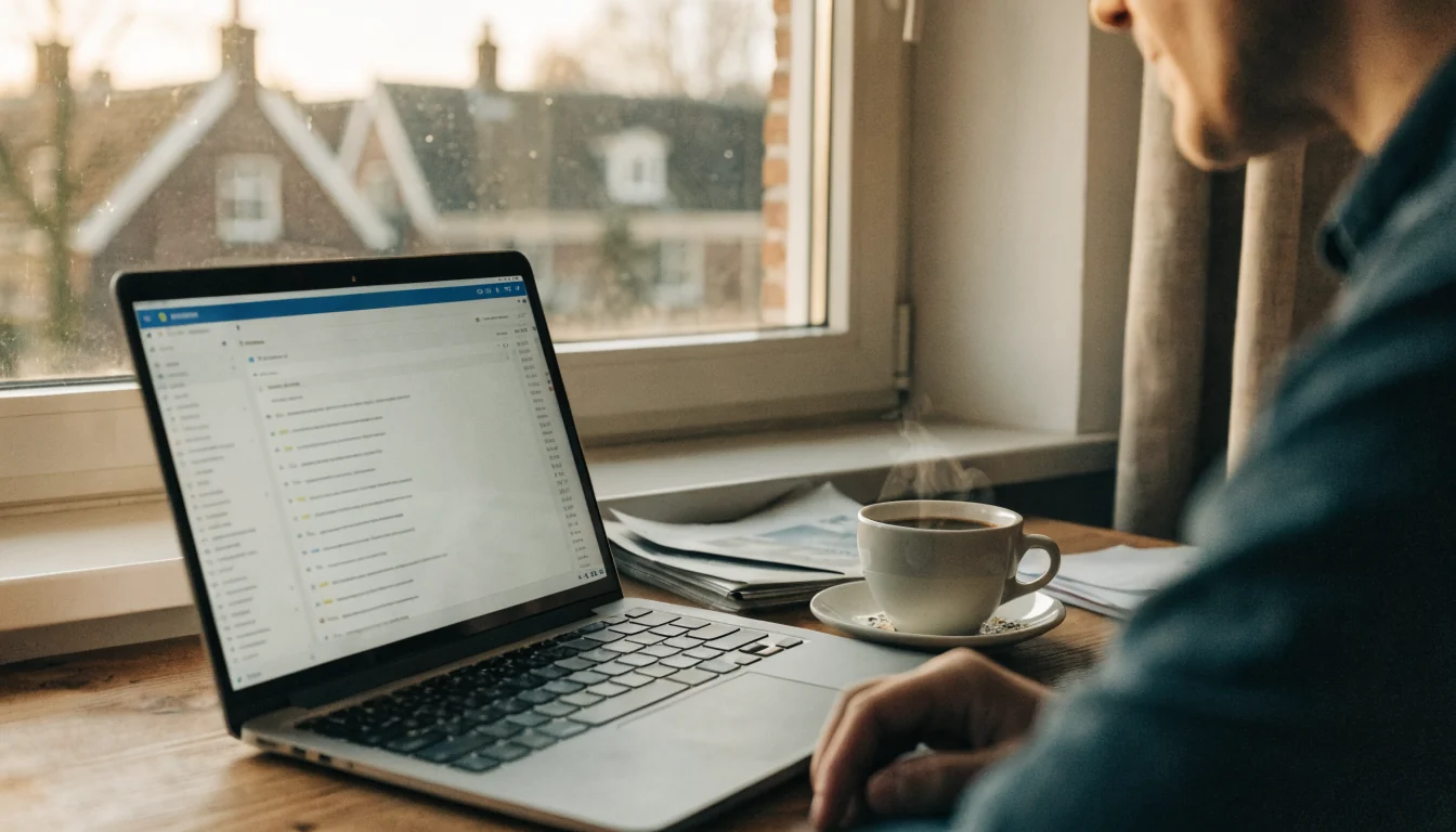 Kantoorbureau met laptop, koffie en papieren artikelen, warme verlichting