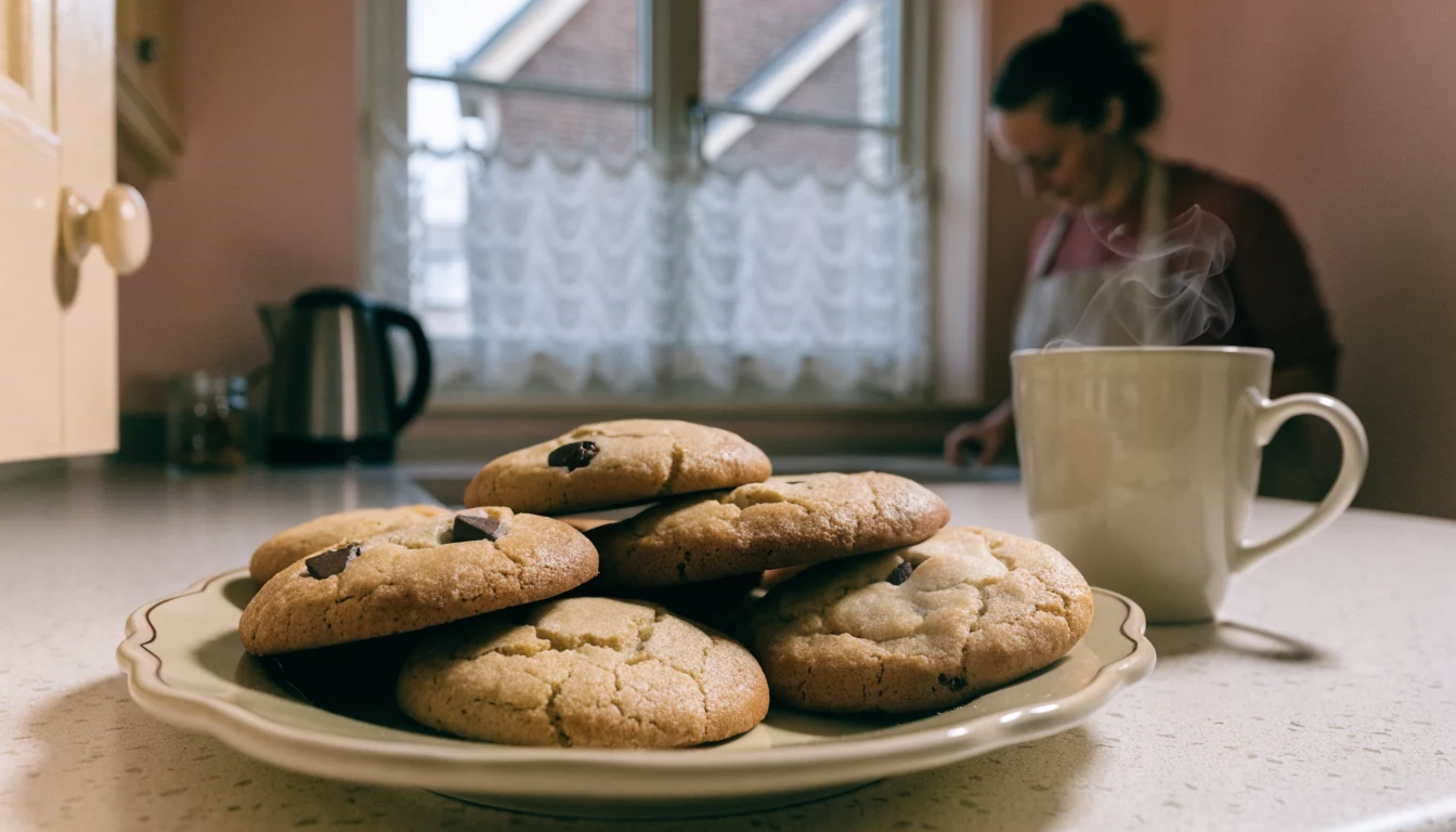 Koekjes op een pastel bord met koffie in Nederlandse keuken