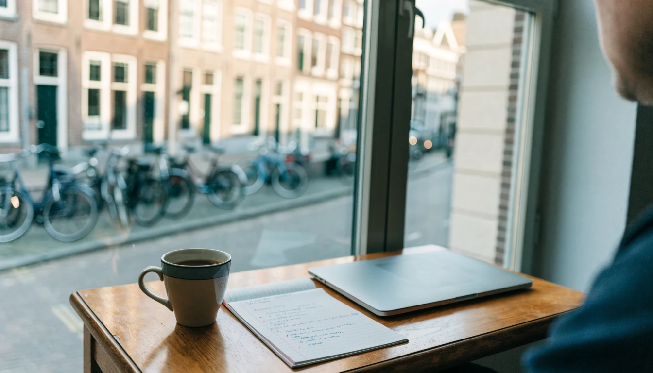 Kantoortafel bij het raam met koffie, notitieboek en laptop, Nederlands achtergrond