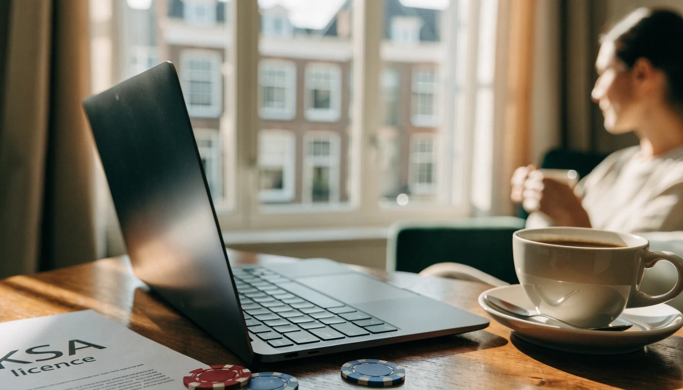 Moderne woonkamer met laptop en casinofiches, KSA‑licentie zichtbaar
