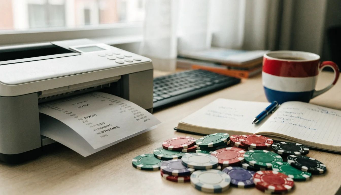 Bureau met receiptprinter, notities en casinofiches