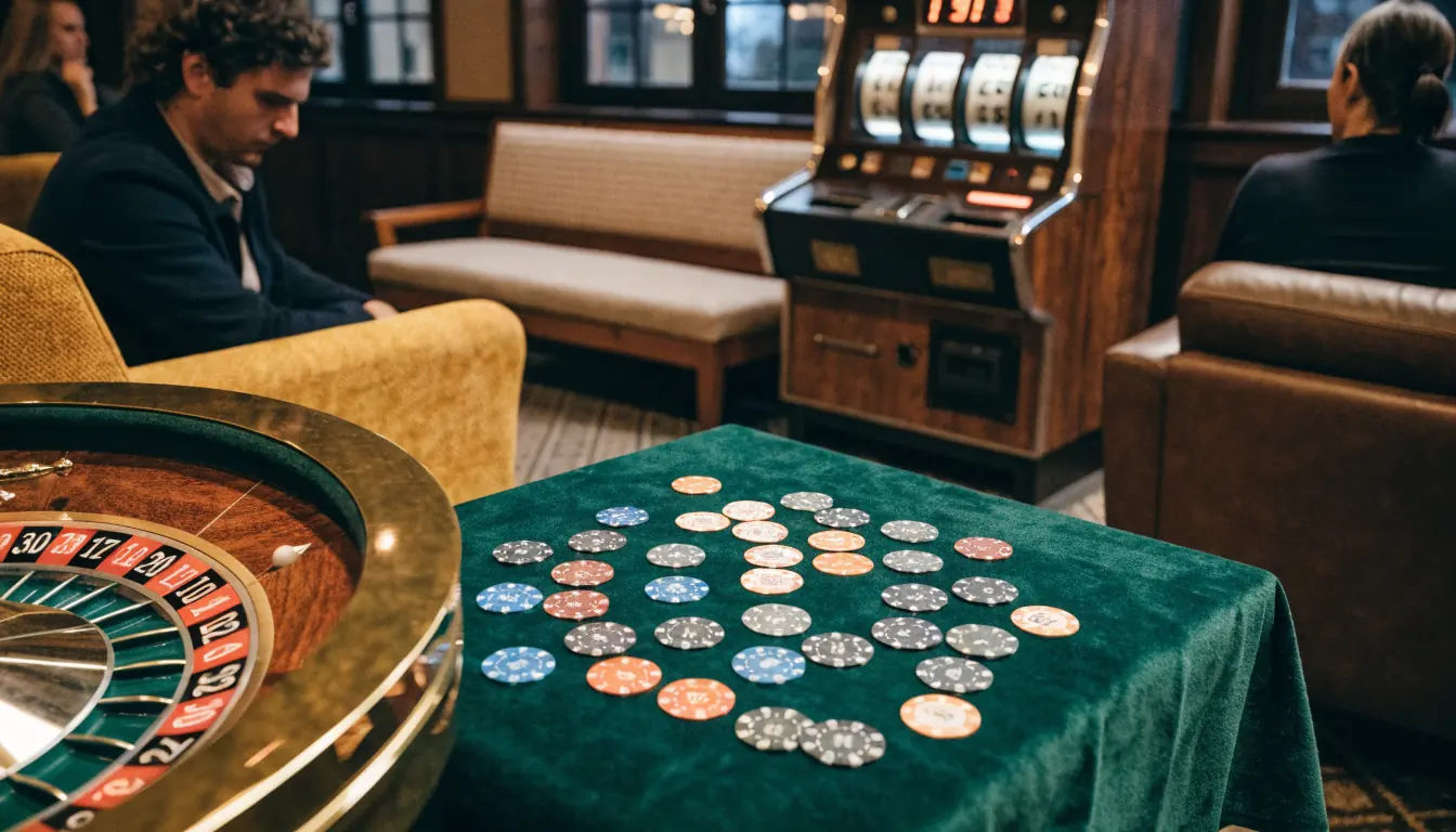 Lounge met casinofiches, roulette en vintage gokkast