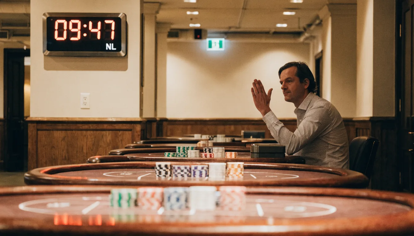 Croupier start een ronde, chips en klok in casino