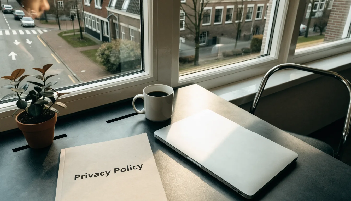 Kantoorscène met laptop, privacy policy map en plant