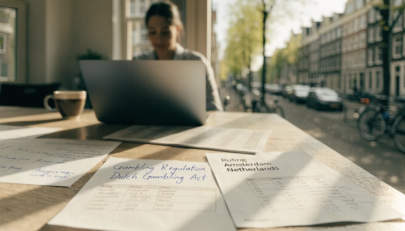Kantoorbureau met laptop, koffie en notities over gokregels