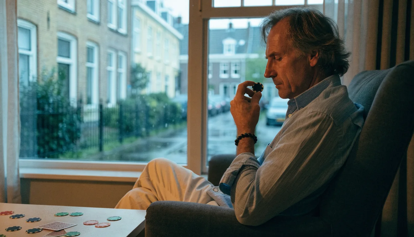 Gezellige Nederlandse woonkamer met casinofiches en kaarten, avondlicht