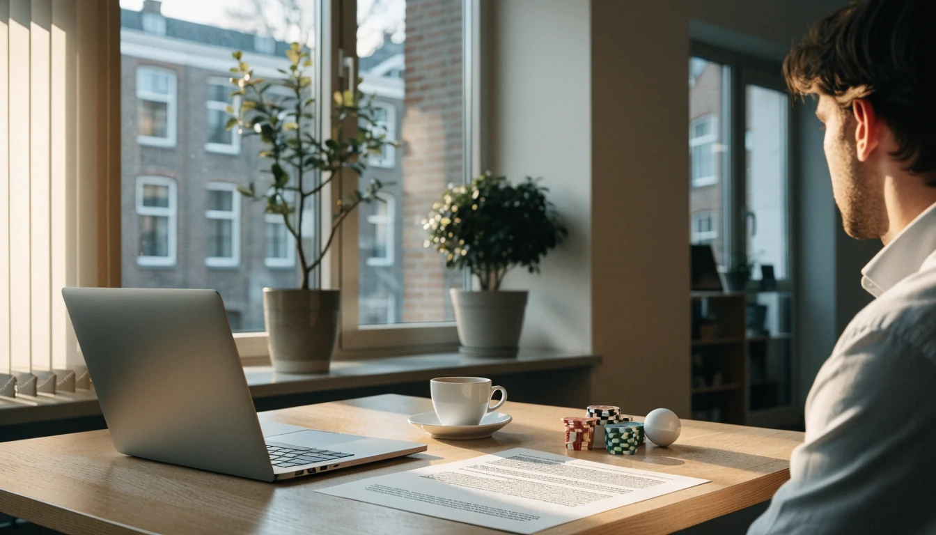 Kantoorinterieur met casinochips en juridisch document